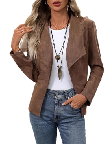 Mywinway Suede Jacket for Women 2024 Fall Winter Y2k Faux Leather Open Front Coat Outwear Blazer Jackets