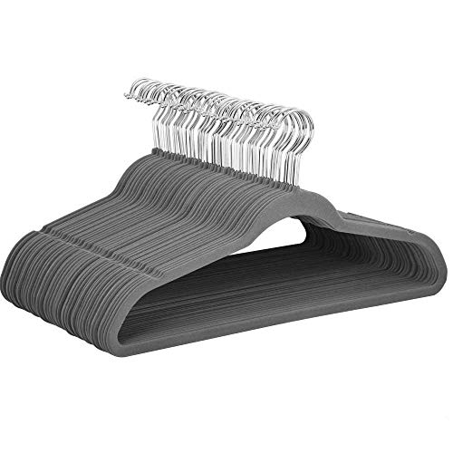 SOLIESCH Kleiderbügel, SAMT, 50 Stück, 0,6 cm dick, Anzugbügel, Jackenbügel mit Rutschfester Oberfläche, 360° drehbarer Haken,Antirutsch,Grau Cover