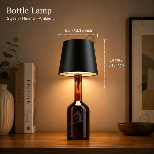 Image of ANKRI Wireless Bottle Lamp LED 3 Colour Light Battery Desk Dimming Night Light Indoor Portable for Cafe Restaurant Home Living Room | 15 cm | Black | Long Lasting Battery