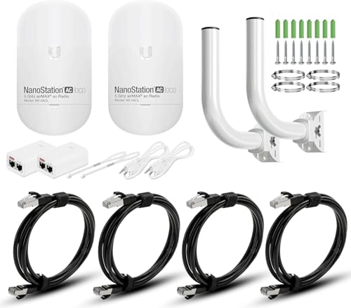 Wireless Bridge Ubiquiti LOCO5AC PRE-CONFIGURED, Bundle of 2 Nanostation LOCO 5AC, 2 Poles Kit and 4 CAT 8 Cable 6FT, Point to Point Outdoor WiFi Bridge, Plugh and Play, 5GHz, 450+Mbps, 10+km