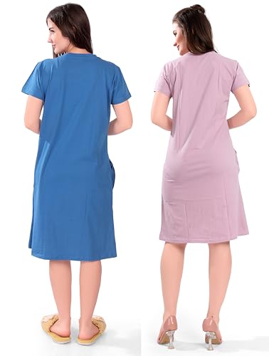 Image of Printed Knee Length Pocket Night Dresses for Women | Cat Lover | Premium Soft Cotton Nighty | Blue and Maroon