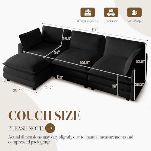 ROWHY 112'' Modular Sectional Cloud Couch with Movable Ottoman, 4 Seat Modern Chenille Sofa, Deep Seat L Shaped Couch for Living Room Bedroom Apartment,Jet Black - Image 2