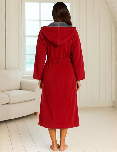 Morgenstern Bademantel Damen mit Kapuze 100% Baumwolle Frottee OEKO-TEX® Morgenmantel Leonie Rot Größe L