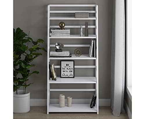 Simplihome Acadian Solid Wood 63 Inch X 30 Inch Transitional Ladder Shelf Bookcase In White With 5 Shelves, For The Living Room, Study And Office #TOP1