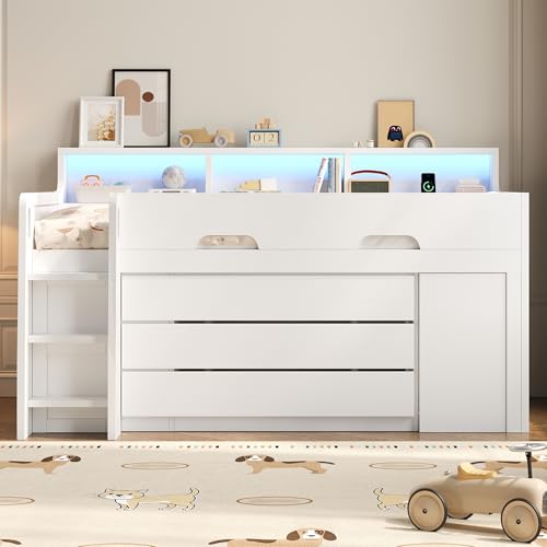Easexcy Cama alta baja (90 x 200 cm) con tres cajones, un escritorio integrado móvil, varios compartimentos de almacenamiento, sin colchón, blanco