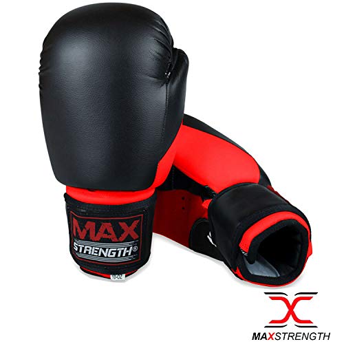 Image of Max Strength Boxing Gloves | Set in 12oz 10oz 8oz for Pro Sparring Kickboxing MMA Muay Thai | Extra Padded Protection for Men Women with Ventilated Palm (Black /Red 12oz)