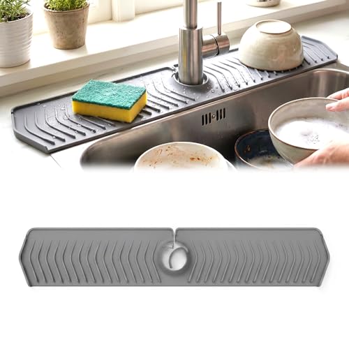 Image of Kitchen Sink Faucet Mat, 2025 New Foldable Faucet Mat for Kitchen Sink, 30in Silicone Faucet Guard & Draining Mat Keep Countertops Dry Splash Guard (Gray, 30in)