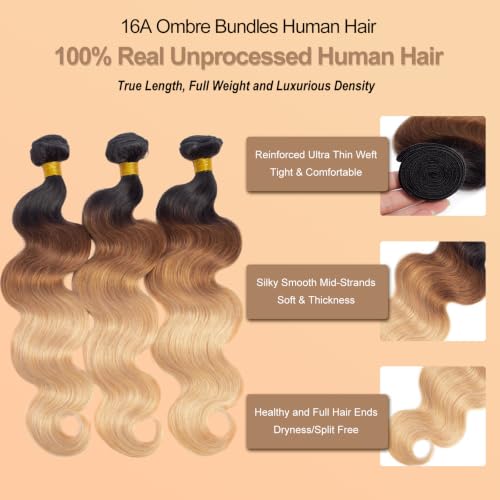 Image of 16A Ombre Body Wave Bundles Human Hair with Closure (16 18 20+14 inch) 100% Unprocessed Virgin Brazilian Ombre Brown Body Wave Human Hair Weave 3 Bundles with Closure