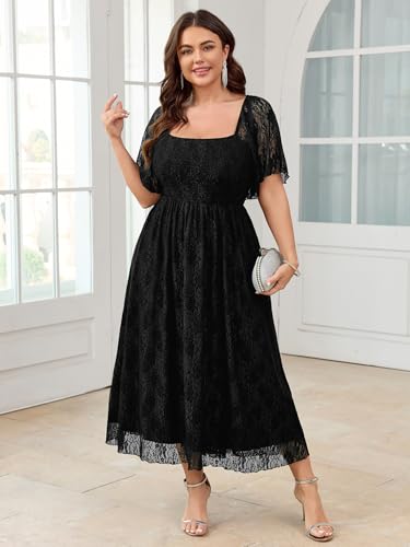SCOMCHIC Women's Plus Size Wedding Guest Dress Formal Lace Square Neck Short Sleeve Smocked Flowy Cocktail Maxi Dresses2