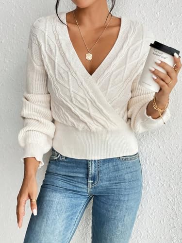 Image of ZAFUL Women's V Neck Cable Knit Sweater | Long Sleeve, Ribbed Crop Tops, Wrap Surplice, Solid Color, Casual Pullover, Jumper