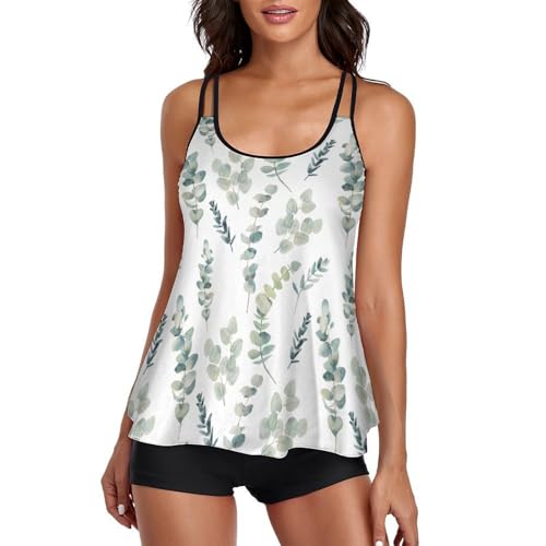 Tankini de hojas de eucalipto premium con tirantes delgados de mujer