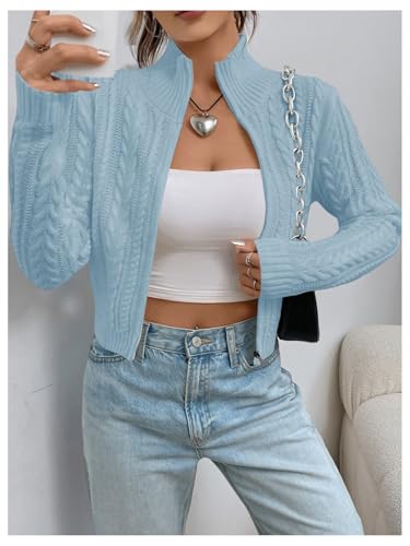 Image of MakeMeChic Women's Cropped Cable Knit Sweater Zip Cardigan Fall Clothes
