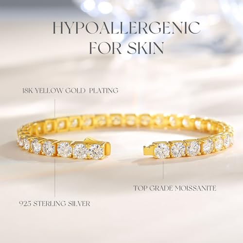 FANCIME Moissanite Tennis Bracelet 4.7-19 Carats 18K Gold Plated 925 Sterling Silver Tennis Bracelet 3mm/4mm/5mm D Color VVS1 Round Cut Moissanite Bracelet for Women Men3