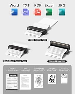 TATTMUSE Stampante Portatile A4 Kit, Stampante Termica Compatibile Connessione Bluetooth e USB, Con Custodia per il Trasporto e 4 Rotoli di Carta Termica, Senza Inchiostro Stampa in Nero e Bianco