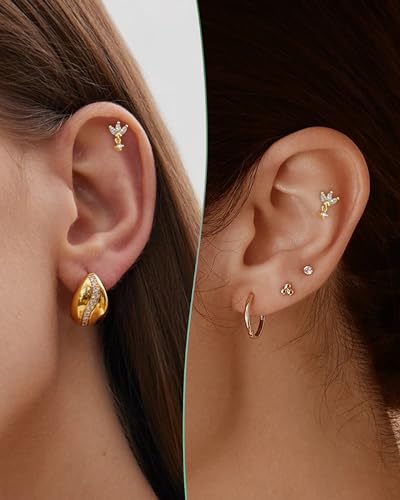COCHARM Silver Gold Dangling Lotus Helix Tragus Earring Stud 16g 6mm Threadless Cartilage Earring Flat Back Flower Helix Cartilage Piercing Short Bar Helix Jewelry2