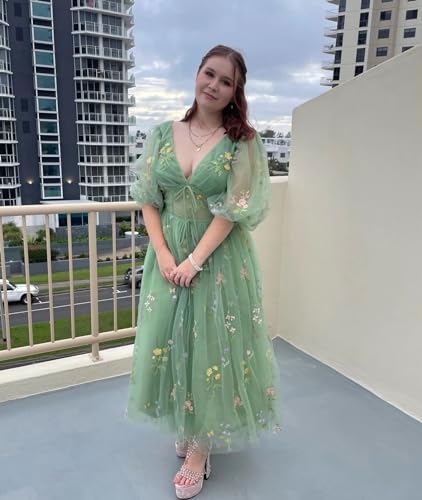 Image of Women's Puffy Sleeve Prom Dresses Fair Flower Embroidery Tulle Green Formal Evening Party Gowns