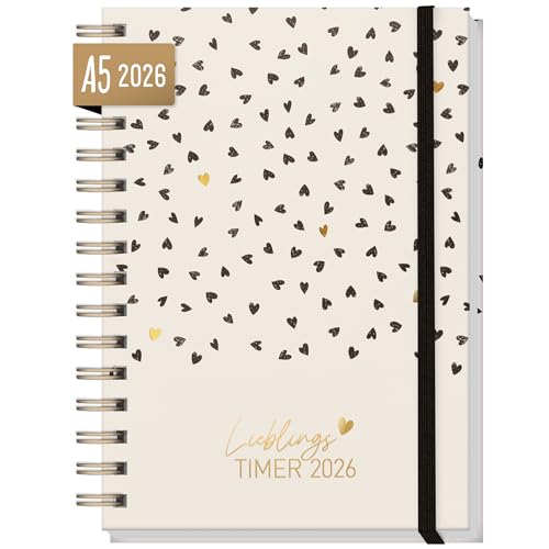 Häfft Lieblings-Timer Kalender 2026 A5 Golden Hearts Hardcover Terminplaner Spiralkalender Terminkalender Wochenplaner Ringbuch Planner - nachhaltig & klimafreundlich