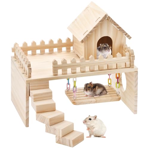 Wooden Hamster Hiding Place Hamster Cabin with Ladder Swing Platform Decoration Detachable Small Animal cage Accessories Suitable for mice Sand Rats and Other Small Pets