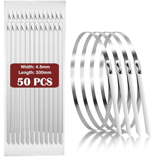 30CM Lang Edelstahl Kabelbinder 50 Stück Metall Rostfrei 4.6mm Breite Selbstsichernde Stahl Metallkabelbinder für Kabelmanagement Hitzeschutzband Auspuffrohre