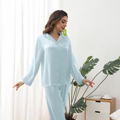 Luxury 16 Momme 100% Mulberry Silk Women’s Long Sleeve Pajamas Set, V-Neck, Adjustable Waist, Premium Solid-Color Loungewear4