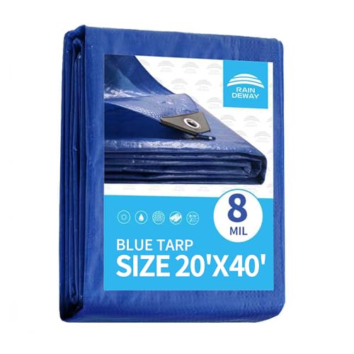 RAINDEWAY Tarps 20x40 Feet,8 Mil Blue Large Tarp,UV Resistant,Durable,Multipurpose Waterproof