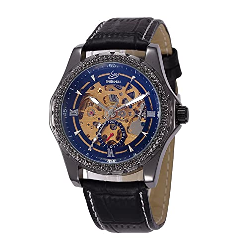 可 高級ブルーレンズ 重厚ベゼルデザイン ブルーレンズスケルトン設計 キラキラベゼル 高級自動巻き腕時計 PARTISAN (ブラック)