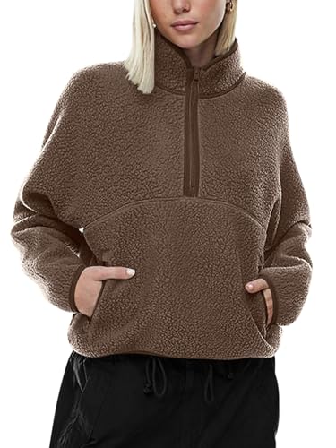 LASLULU Womens Half Zip Pullover Cropped Sweatshirts Sherpa Fleece Jacket Fuzzy Sweaters Cute Winter Jackets with Pockets