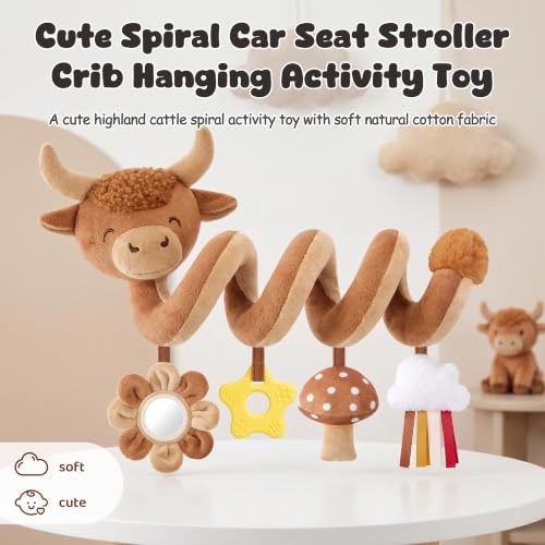 Image of Stuffed Highland Cow Spiral Car Seat Toys for Babies 0-3-6-12 Months, Infant Stroller Toy with Mushroom Pendant & Star Teether Hanging, Cute Baby Registry Search & Shower Gifts for Newborns
