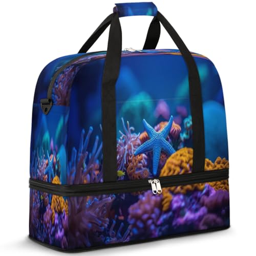 Bolsa de viaje de coral y estrellas de mar, bolsa de mano plegable de 47L para deporte