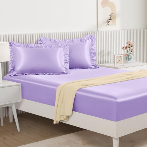 Image of Homiest Lavender Queen Ruffle Pillowcase & Satin Fitted Sheet Set 3Pcs | Silky Satin Protects Hair And Skin, 15-Inch Deep Pocket, Pearlescent Dreamy Soothing Hue, Easy Machine Wash Care