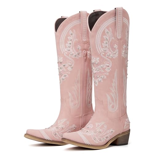 Image of vodvob Western Cowboy Boots for Women Rhinestone Knee High Cowgirl Snip Toe