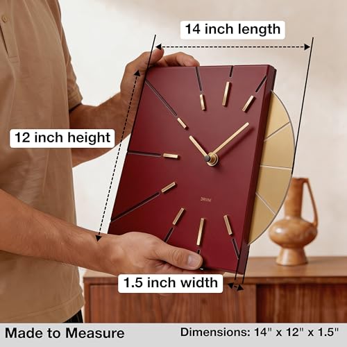 Image of Driini Red and Gold Mid Century Modern Wall Clock, Battery Operated | Square MCM face with a minimalist midcentury look. Contemporary decorative analog design for kitchen, office or living room