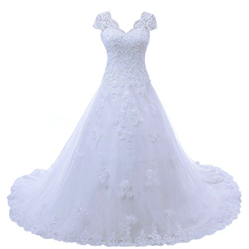 Robe de mariée longue dentelle col V coupe trapèze fluide