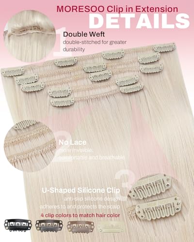 Image of Moresoo Blonde Clip in Extensions Human Hair White Blonde 18 inch 80g 5pcs | Human hair clip in extensions, white blonde shade, remy human hair, invisible double weft, lightweight for fine hair