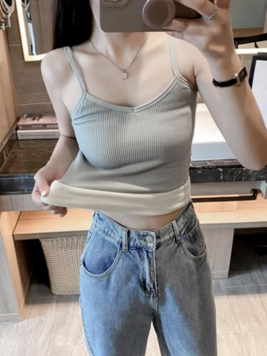 Image of Women's Thermal Fleece-Lined Ribbed Camisole Tank Top -School Girls Adjustable Spaghetti Strap Undershirt, Winter Warm Base Layer Cami, Soft Stretch Sleeveless Top