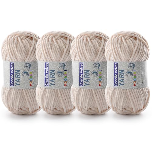 Image of 4 Pac Chenille Yarn for Crocheting - Blanket Yarn for Crocheting - Fluffy Yarn for Crochet, Baby Yarn for Crocheting Soft Blankets Weight Per Roll 50g /1.76oz, Length 60m /65yard (Khaki)