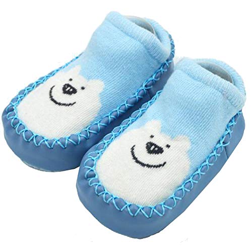 ADESIGNSTORE Blue polar Bear baby Girls or Boys Slippers Socks - Stay-on Moccasins Toddler Floor Shoes - First Walker House Shoes - One Size Cute home Knit Socks for baby unisex