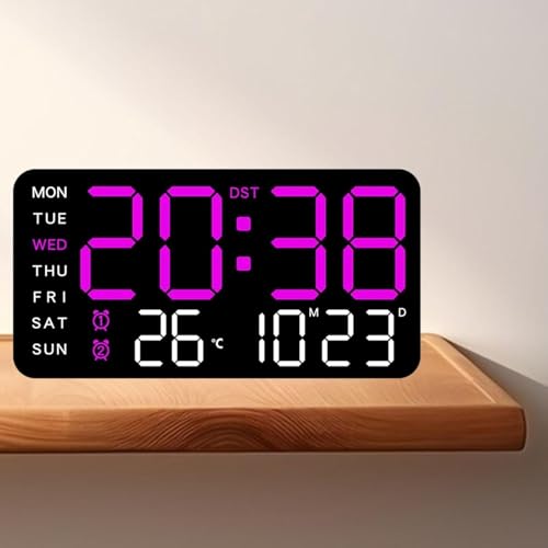 Image of EASEPRES Digital Wall Clock 9 inch LED Large Display, Electronic Wall Mounted & Desk Clock, Day Date Temperature Dual Alarm, 5-Level Adjustable Brightness, USB Powered for Bedroom Office Home (Purple)