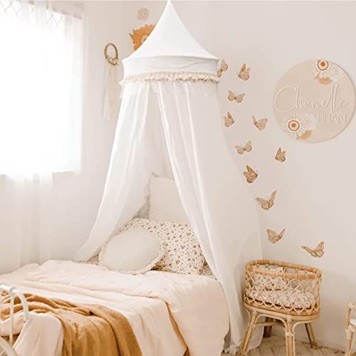 LOAOL Princess Bed Canopy for Girls with Tassel Kids Baby Bed Canopy Little Stars Net Hanging Bed Canopy Crib Play Tent Castle Bed Curtains Girls Bedroom Decor Reading Nook (White)