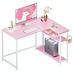 Pamray 43 Inch L Shaped Computer Desk with Reversible Side Storage Shelves, Small Corner Desk for Small Space Home Office,Writing Study Table PC Desk for Bedroom,Pink with White Leg