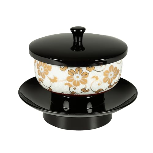 サンメニー 本格 九谷焼 茶碗 付 茶台 茶托 山中漆器 日本製 お手軽 仏具 お盆 法事 に 定番 仏具 おちゃわん シンプル 供養 仏具 現代仏壇 お仏壇 仏具小物 4.2寸 黒 白粒鉄仙 毎日のお供え お参りに 手元供養 ペット 供養 小さな スペー