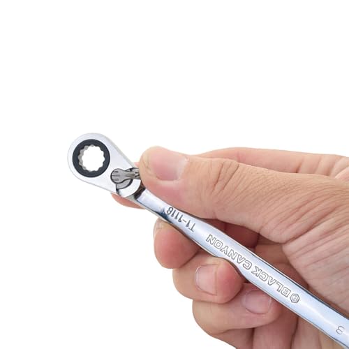 Image of BLACK CANYON 8 mm Ratchet Combination Wrench, 12-Point Box End & Hex Opening, Polished Steel Ratcheting Wrench with SAE & Metric Sizes