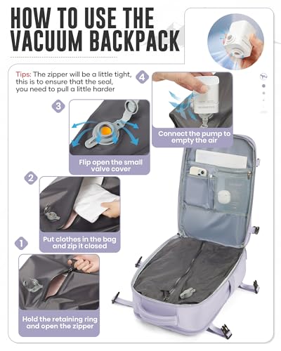 Image of Vacuum Backpack with Pump for Women Men, Compression Backpack for Travel, Vacpack for School Business Trip, Lightweight Airback Backpacks with Vacuum Seal, Carry On Bag for Airport( Purple Large)