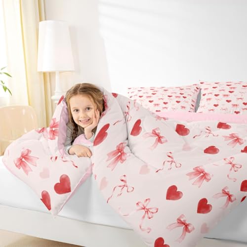 Image of Erosebridal Coquette Bow Full Comforter Set Love Heart Bedding Set for Kids Girls Ribbons Pink Valentine Bed Set Bowknot Bow Tie Princess Quilt Duvet