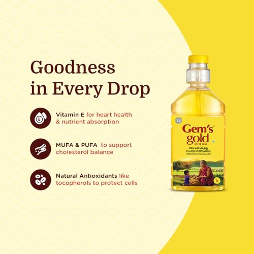 Image of Gem's Gold Cold pressed Groundnut /Peanut Oil 500 Ml | Smart Bottle Helps 30% lesser Oil consumption | Marachekku, Chemical Free | Kacchi Ghani /Chekku Cooking Oil