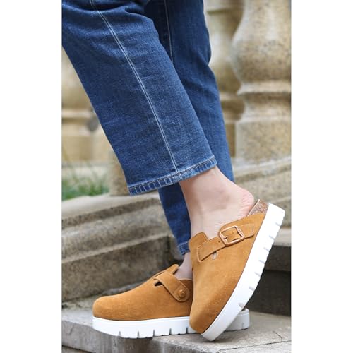 Image of Women's Suede Platform Clogs Leather Mules Slip On Indoor Outdoor Shoes | Arch Support, Cork Footbed, Adjustable Buckle,Water Resistant Upper,All Day Comfort