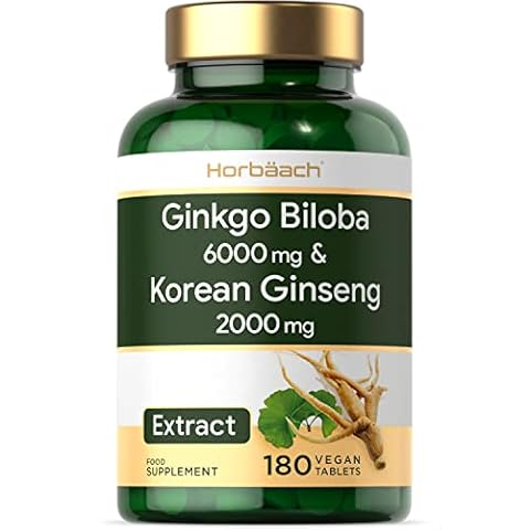 Ginkgo Biloba and Ginseng Tablets 8000mg | High Strength | Ginkgo 6000mg & Korean Ginseng Root 2000mg | 180 Vegan Tablets | by Horbaach Cover