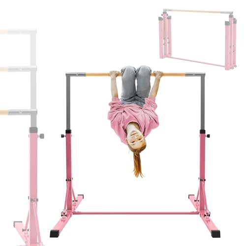 Hauki Barre de Gymnastique Pliable pour Enfants, Rose, Réglable en Hauteur 95,5-150 cm, Structure en Acier et Support en Bois, Appareil d'entraînement à la Maison Intérieur/Extérieur, Support Stable