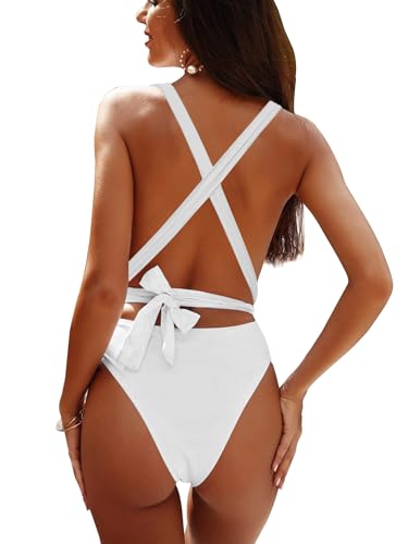 Image of Lilosy Sexy Tie Criss Cross Plunge One Piece Thong Swimsuit High Cut Brazilian Bathing Suit