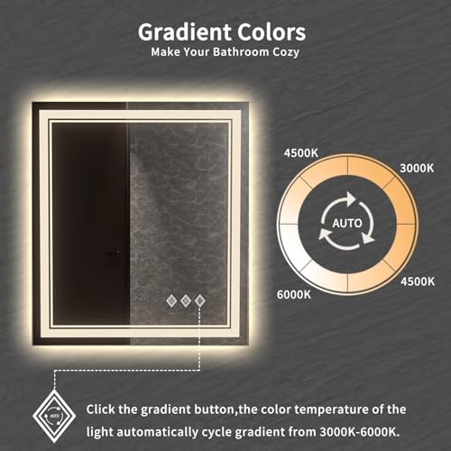 Image of Bathroom Mirror, 32x36 Inch Gradient Front and Backlit LED Mirror for Bathroom, 3 Colors Dimmable CRI>90 Double Lights, IP54 Enhanced Anti-Fog, Hanging Plates Wall Mount LED Mirror